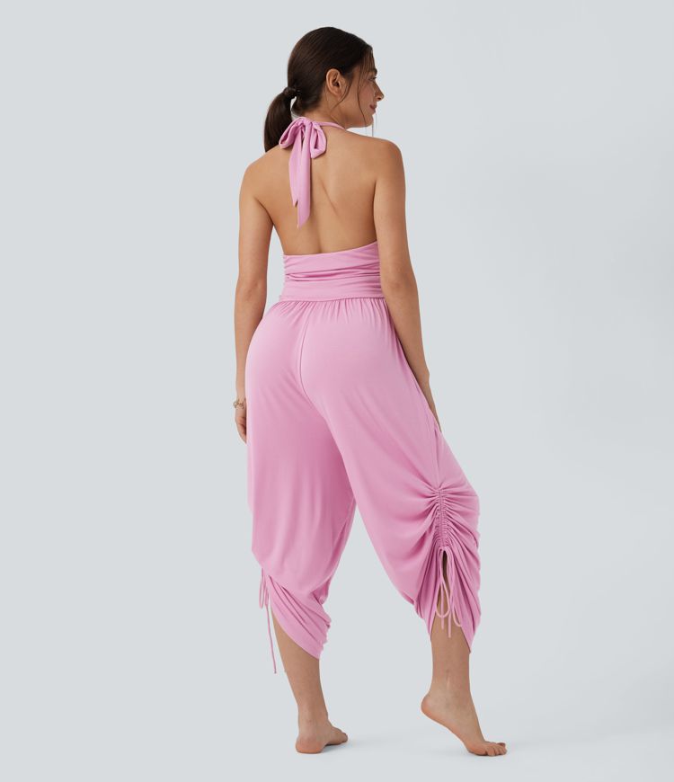 Ribbed Halter Tie Back Drawstring Resort Jumpsuit with Pockets
