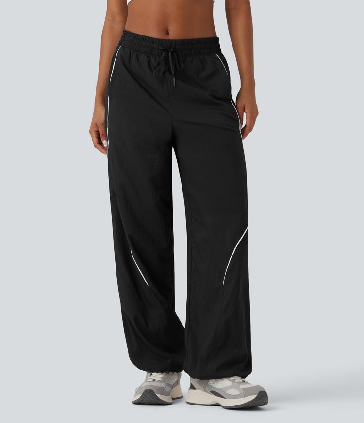 Black Lightweight Durable Water Repellent Low Rise Drawstring Trackpants Color Block Cinchable Hem Running Joggers with Pockets / 1