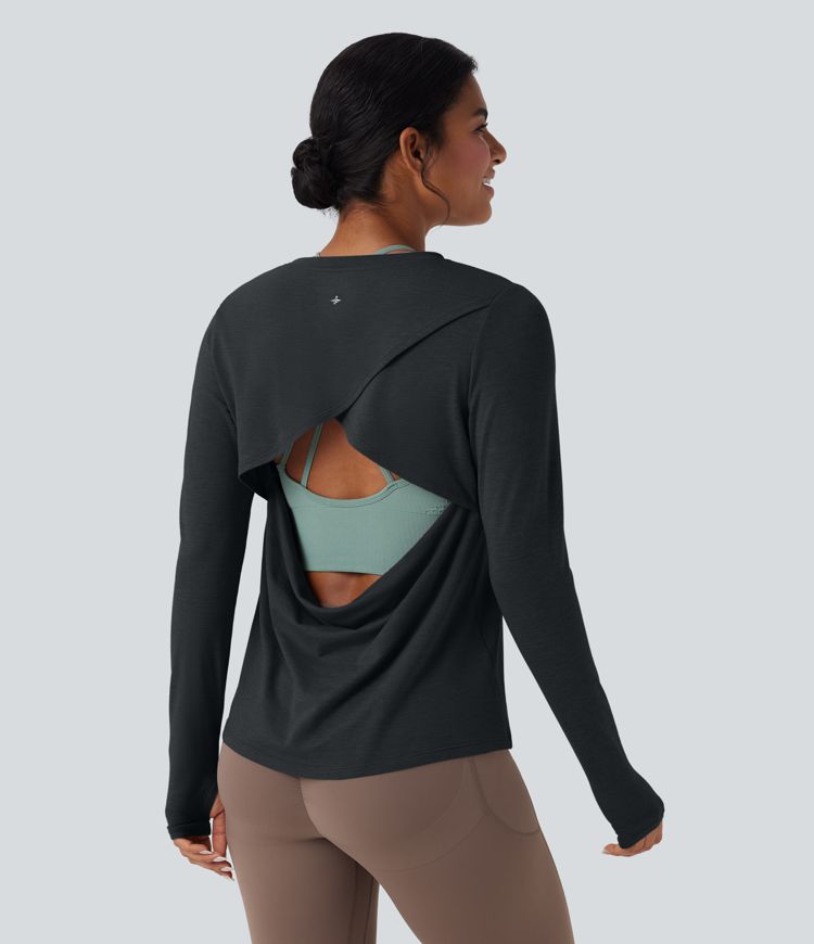 Sportovní top bez zad s dlouhým rukávem a otvorem na palec pro jógu