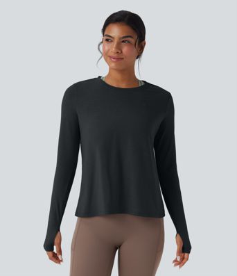 Sportovní top bez zad s dlouhým rukávem a otvorem na palec pro jógu