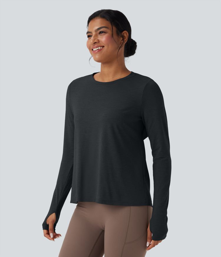 Sportovní top bez zad s dlouhým rukávem a otvorem na palec pro jógu