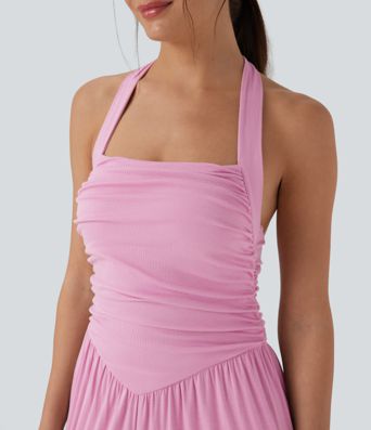 Mono Playero con Cuello Halter, Cordón Trasero y Bolsillos con Costuras