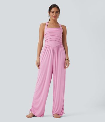 Mono Playero con Cuello Halter, Cordón Trasero y Bolsillos con Costuras