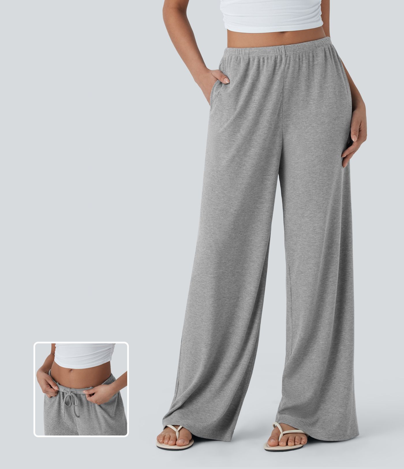 High Stretch Ribbed Low Rise Drawstring Wide Leg Flowy Casual Trousers with Pockets