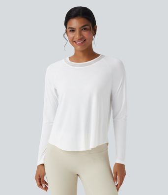 Contrast Mesh Curved Hem Quick Dry Running Sports Top