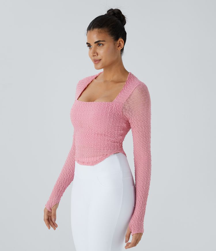 Square Neck Long Sleeve Thumb Hole Curved Hem Contrast Mesh Solid Yoga Sports Top