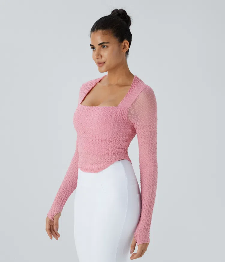 Square Neck Long Sleeve Thumb Hole Curved Hem Contrast Mesh Solid Yoga Sports Top