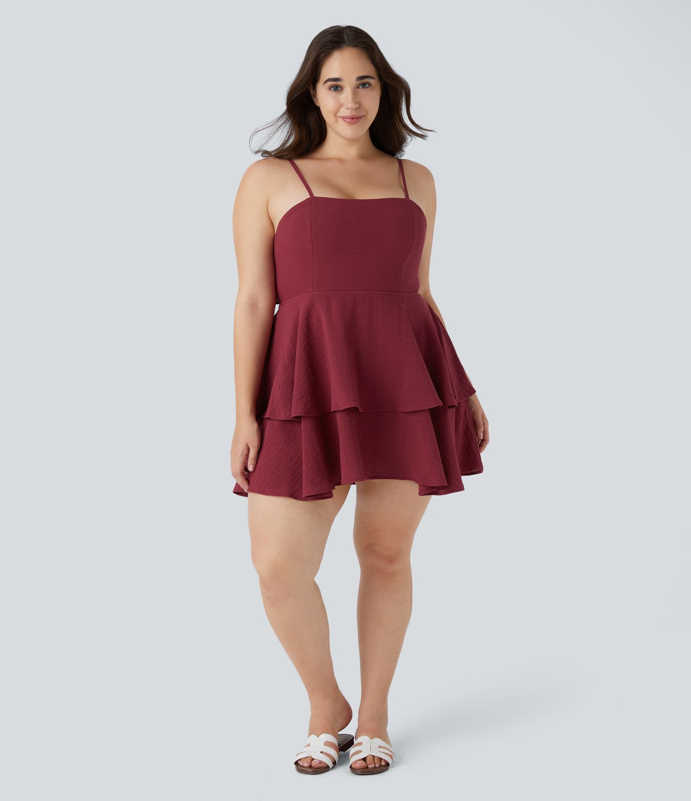 Tie Back Tiered Ruffle Flowy Slip Mini Casual Linen-Feel Plus Size Dress