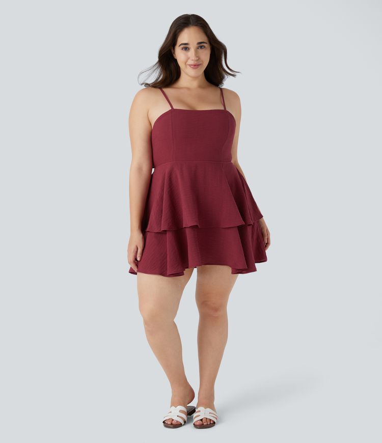 Tie Back Tiered Ruffle Flowy Slip Mini Casual Linen-Feel Plus Size Dress