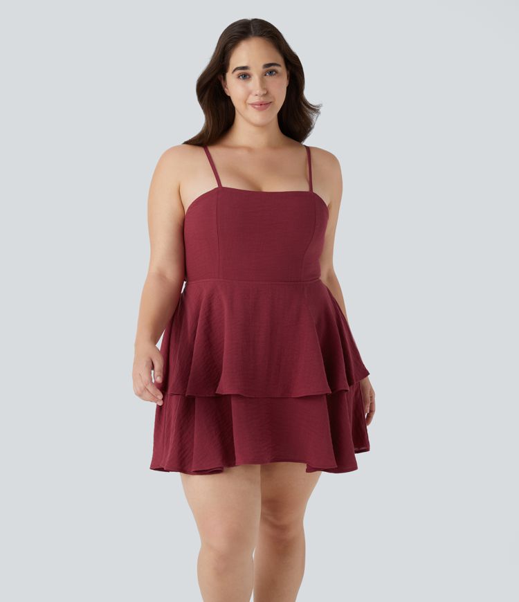 Tie Back Tiered Ruffle Flowy Slip Mini Casual Linen-Feel Plus Size Dress