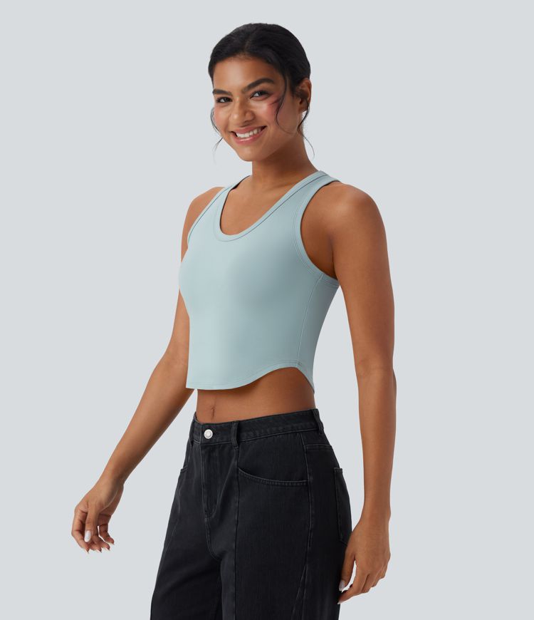 U Neck Curved Hem Cropped Casual Tank Top