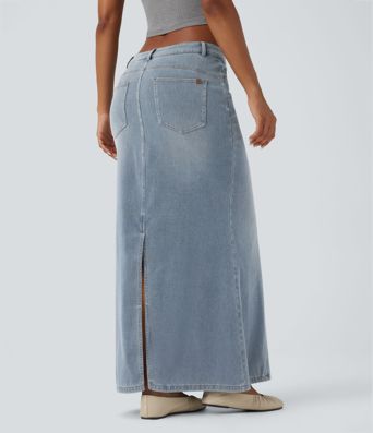 Halara Flex™ Asymmetric Low Rise Split Maxi Denim Casual Mermaid Skirt with Pockets