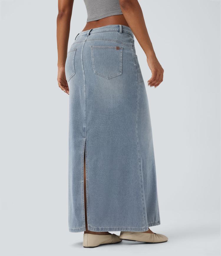 Halara Flex™ Asymmetric Low Rise Split Maxi Denim Casual Mermaid Skirt with Pockets