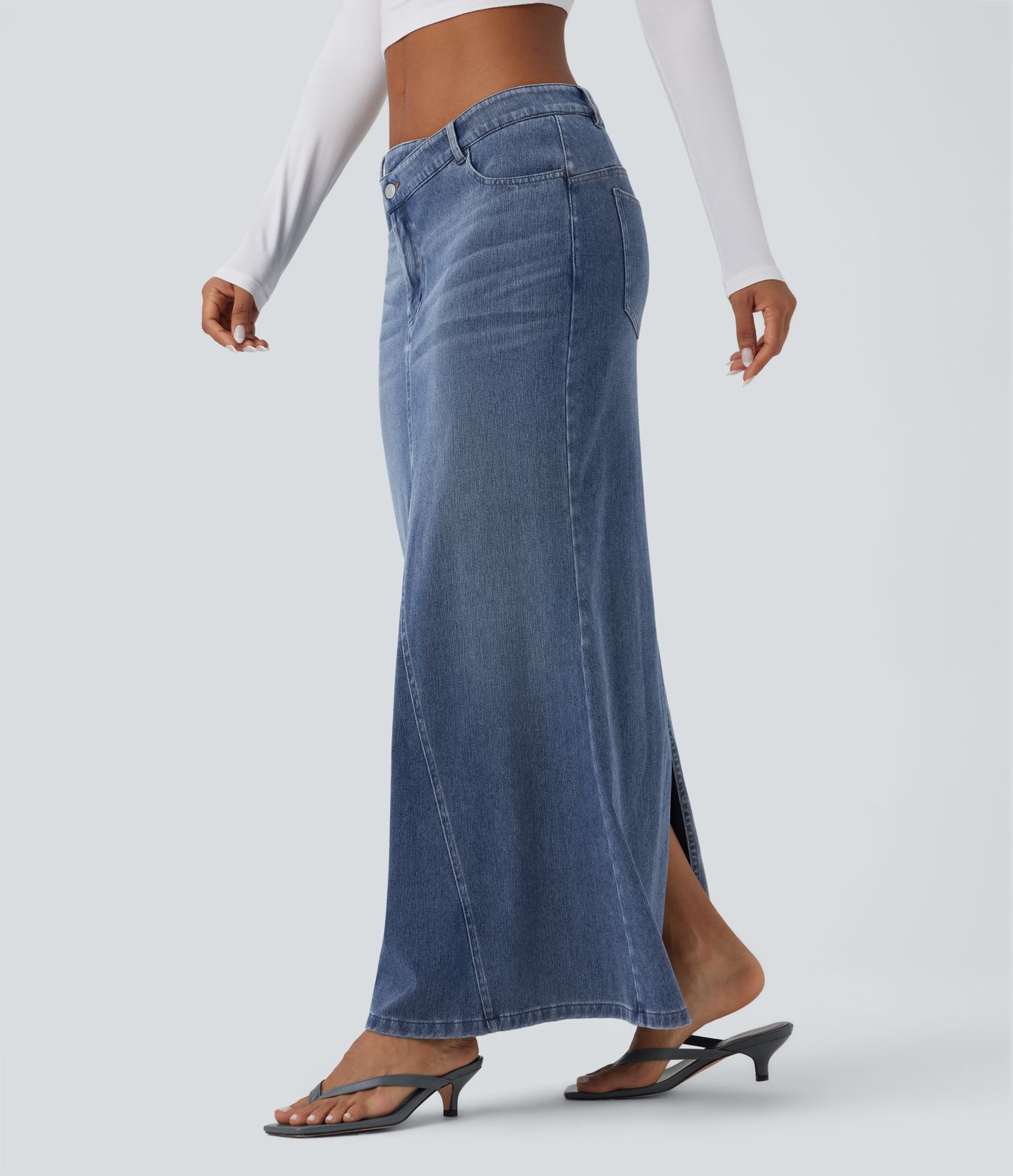 Halara Flex™ Asymmetric Low Rise Split Maxi Denim Casual Mermaid Skirt with Pockets