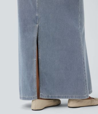 Halara Flex™ Asymmetric Low Rise Split Maxi Denim Casual Mermaid Skirt with Pockets