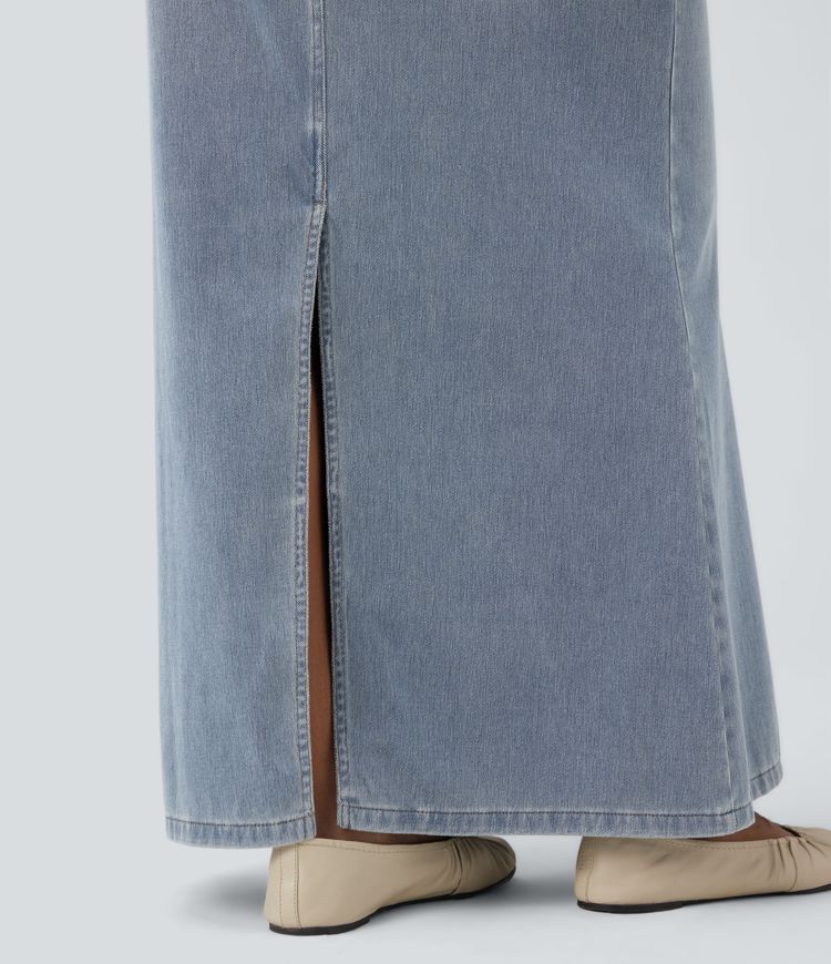 Halara Flex™ Asymmetric Low Rise Split Maxi Denim Casual Mermaid Skirt with Pockets