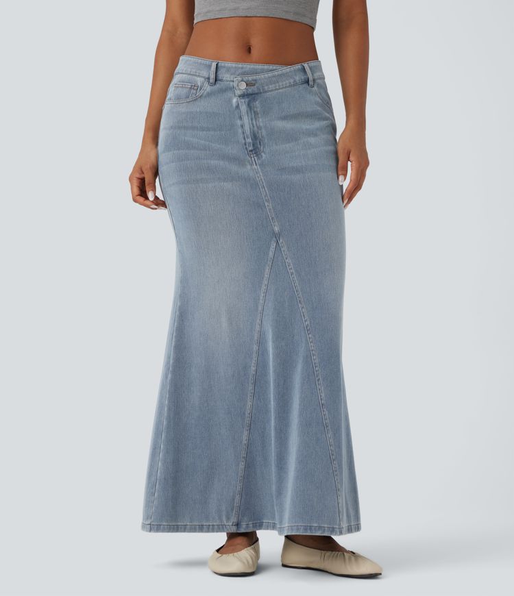 Halara Flex™ Asymmetric Low Rise Split Maxi Denim Casual Mermaid Skirt with Pockets