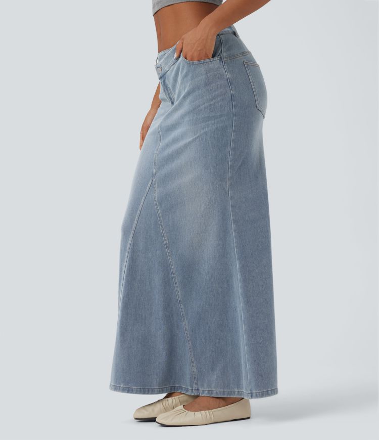 Halara Flex™ Asymmetric Low Rise Split Maxi Denim Casual Mermaid Skirt with Pockets