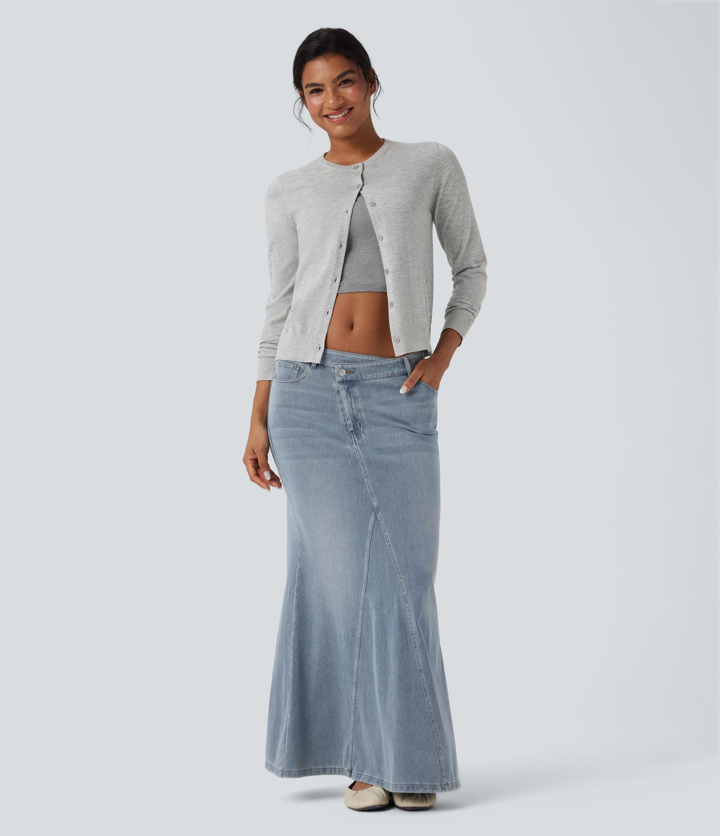 Halara Flex™ Asymmetric Low Rise Split Maxi Denim Casual Mermaid Skirt with Pockets