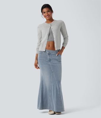Halara Flex™ Asymmetric Low Rise Split Maxi Denim Casual Mermaid Skirt with Pockets