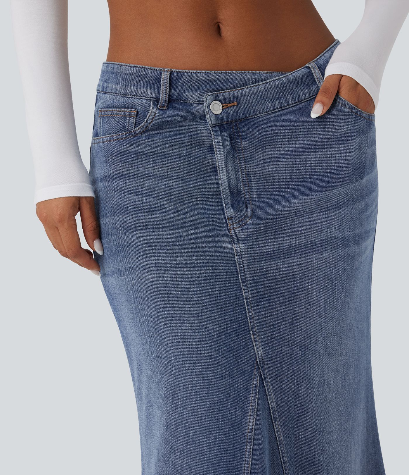 Halara Flex™ Asymmetric Low Rise Split Maxi Denim Casual Mermaid Skirt with Pockets