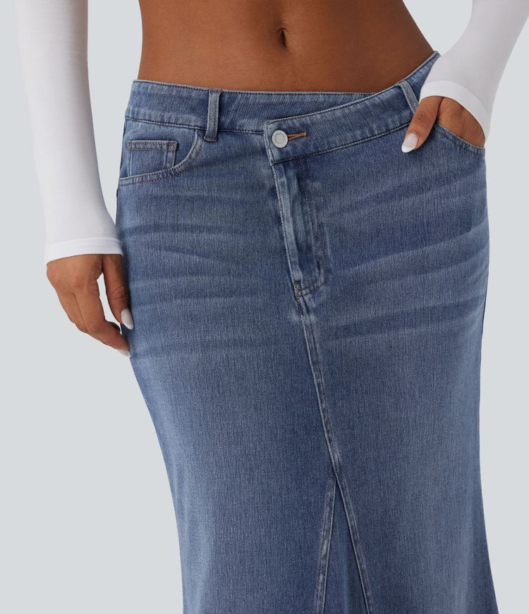 Jupe maxi denim sirène asymétrique fendue Halara Flex™ taille basse avec poches