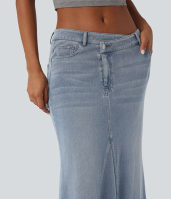 Halara Flex™ Asymmetric Low Rise Split Maxi Denim Casual Mermaid Skirt with Pockets