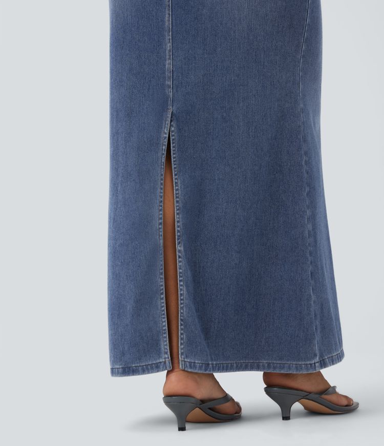 Jupe maxi denim sirène asymétrique fendue Halara Flex™ taille basse avec poches