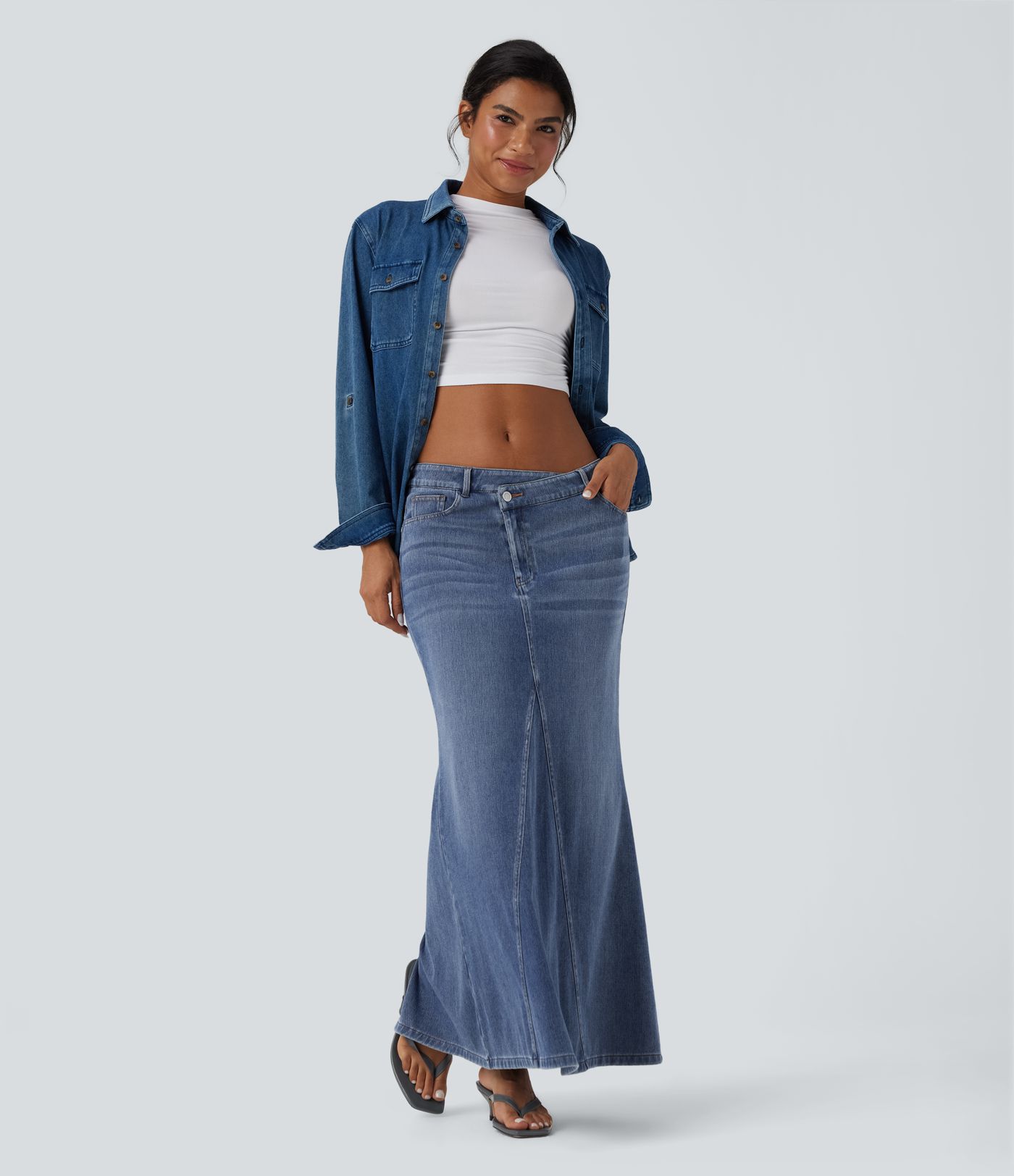 Halara Flex™ Asymmetric Low Rise Split Maxi Denim Casual Mermaid Skirt with Pockets