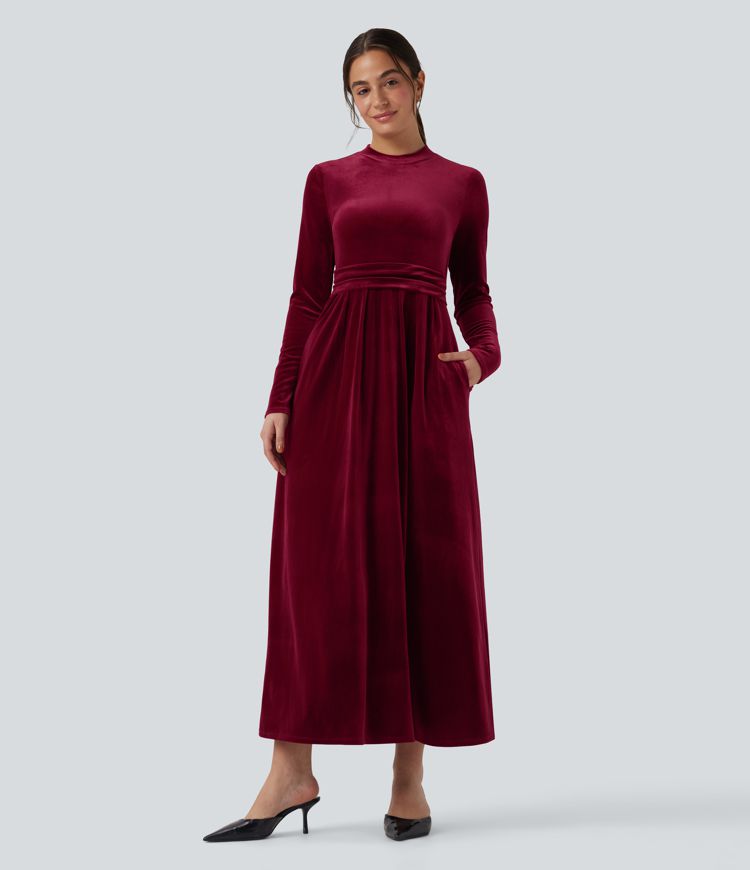 Mock-neck Long Sleeve Maxi Casual Velvet Dress with Pockets