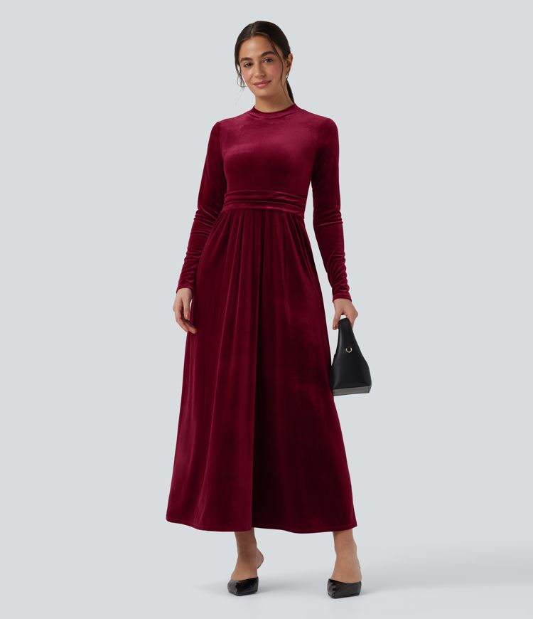 Mock-neck Long Sleeve Maxi Casual Velvet Dress with Pockets