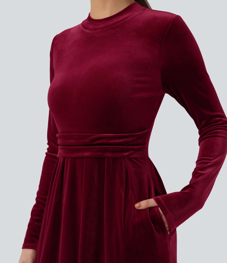 Mock-neck Long Sleeve Maxi Casual Velvet Dress with Pockets
