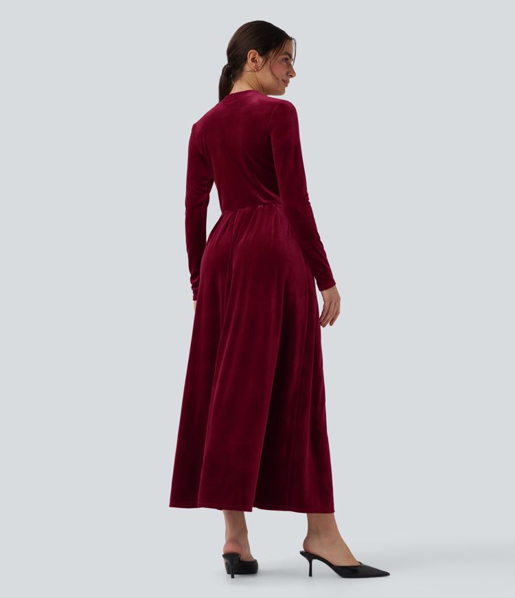 Mock-neck Long Sleeve Maxi Casual Velvet Dress with Pockets