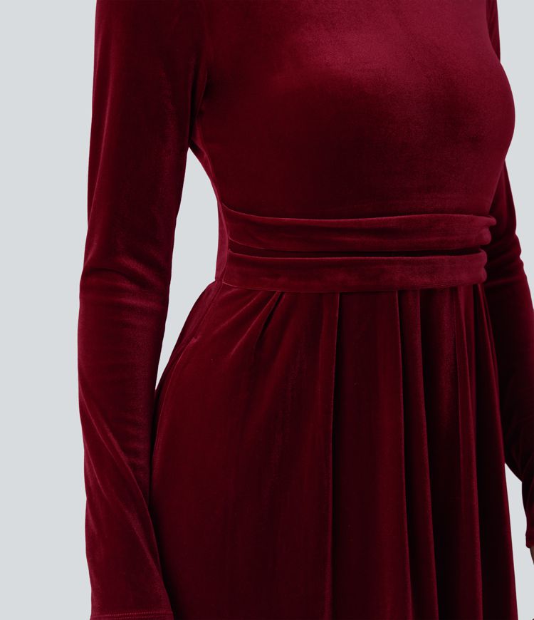 Mock-neck Long Sleeve Maxi Casual Velvet Dress with Pockets