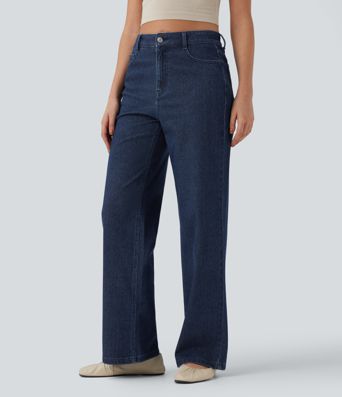 Jeans casuales de alto alto Halara Flex™ en pierna recta, acabado metálico y bolsillos