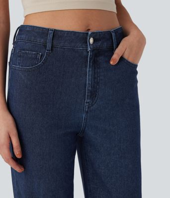 Jeans casuales de alto alto Halara Flex™ en pierna recta, acabado metálico y bolsillos
