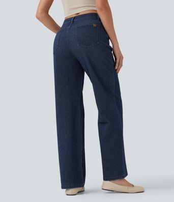Jeans casuales de alto alto Halara Flex™ en pierna recta, acabado metálico y bolsillos
