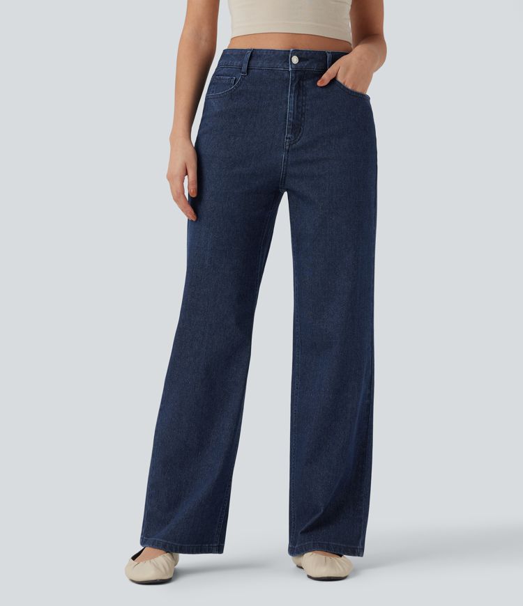 Estate Blue Denim Jean taille haute Halara Flex™ jambes droites, effet sparkle avec poches / 1