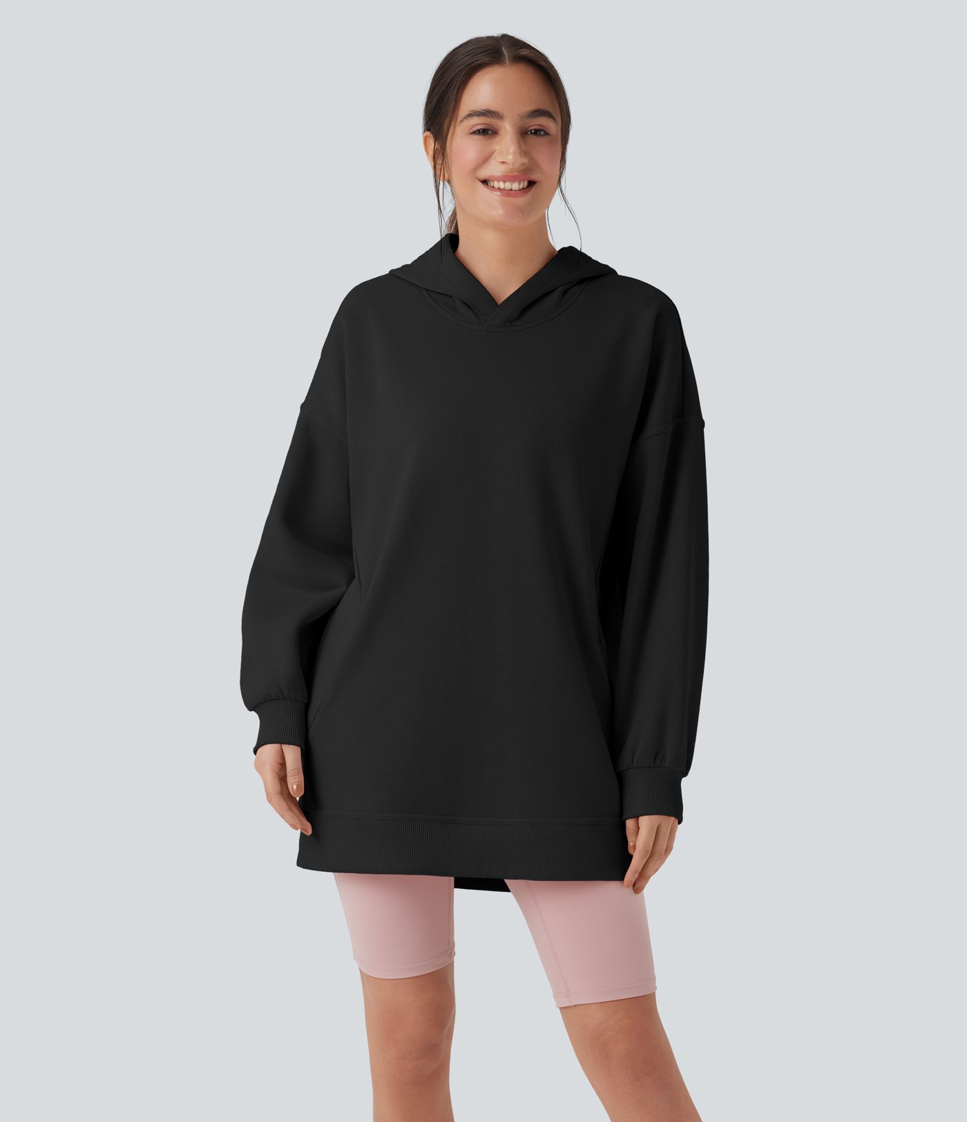 Hooded Long Sleeve Oversize Fleece Casual Sweatshirt with Pockets