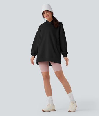 Hooded Long Sleeve Oversize Fleece Casual Sweatshirt with Pockets