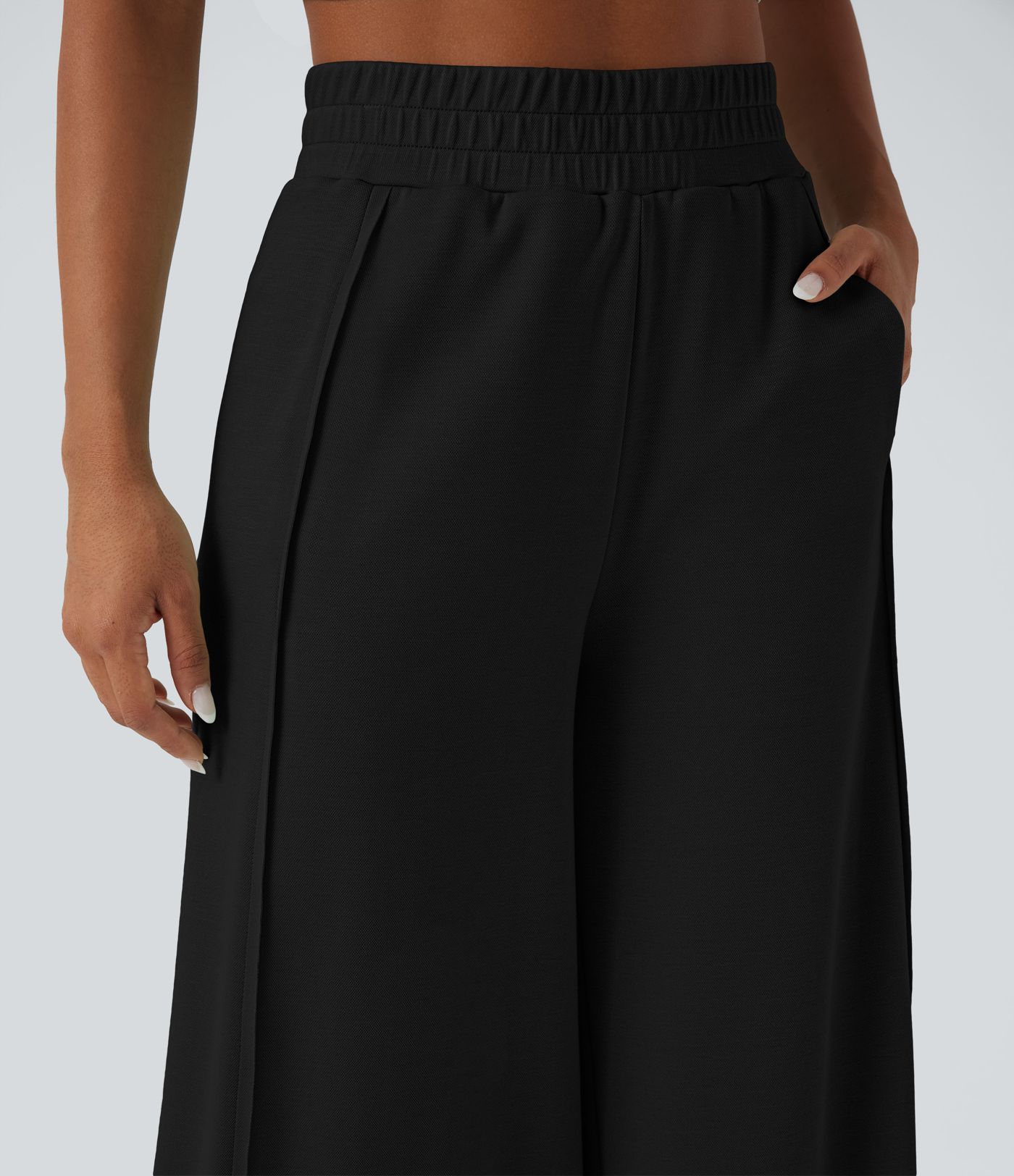 High Waisted Wide Leg Micro Waffle Casual Pants with Pockets