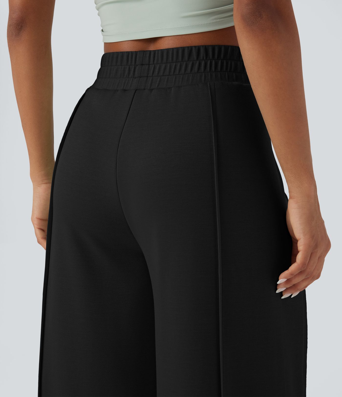 High Waisted Wide Leg Micro Waffle Casual Pants with Pockets