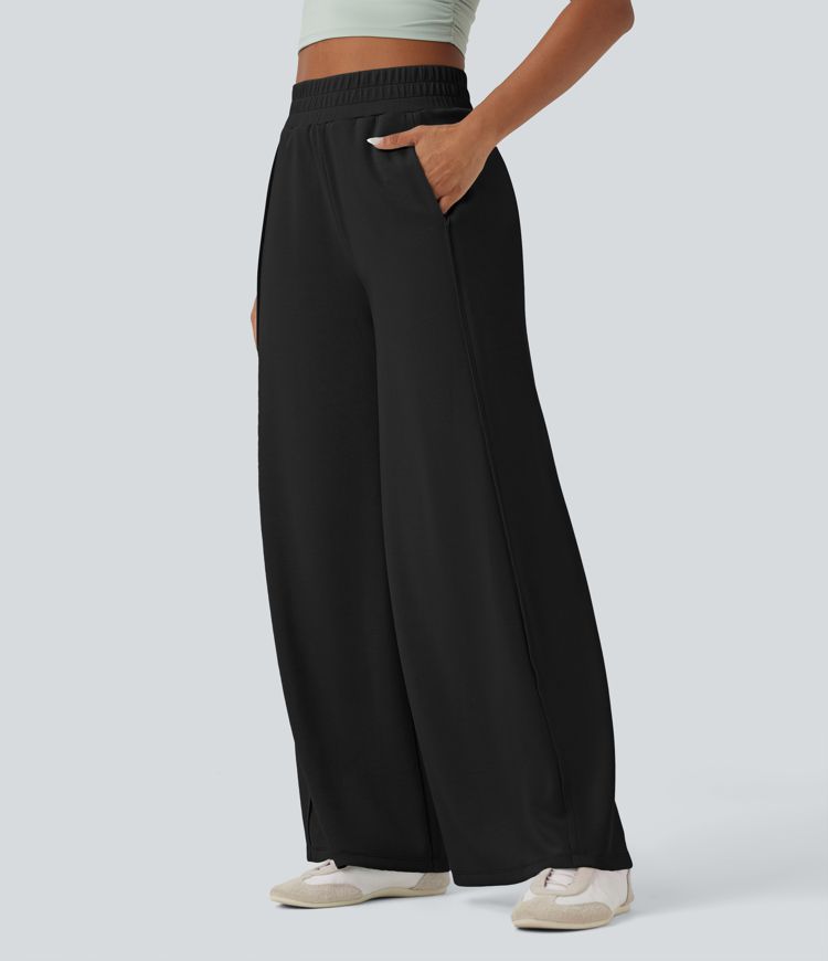 High Waisted Wide Leg Micro Waffle Casual Pants with Pockets