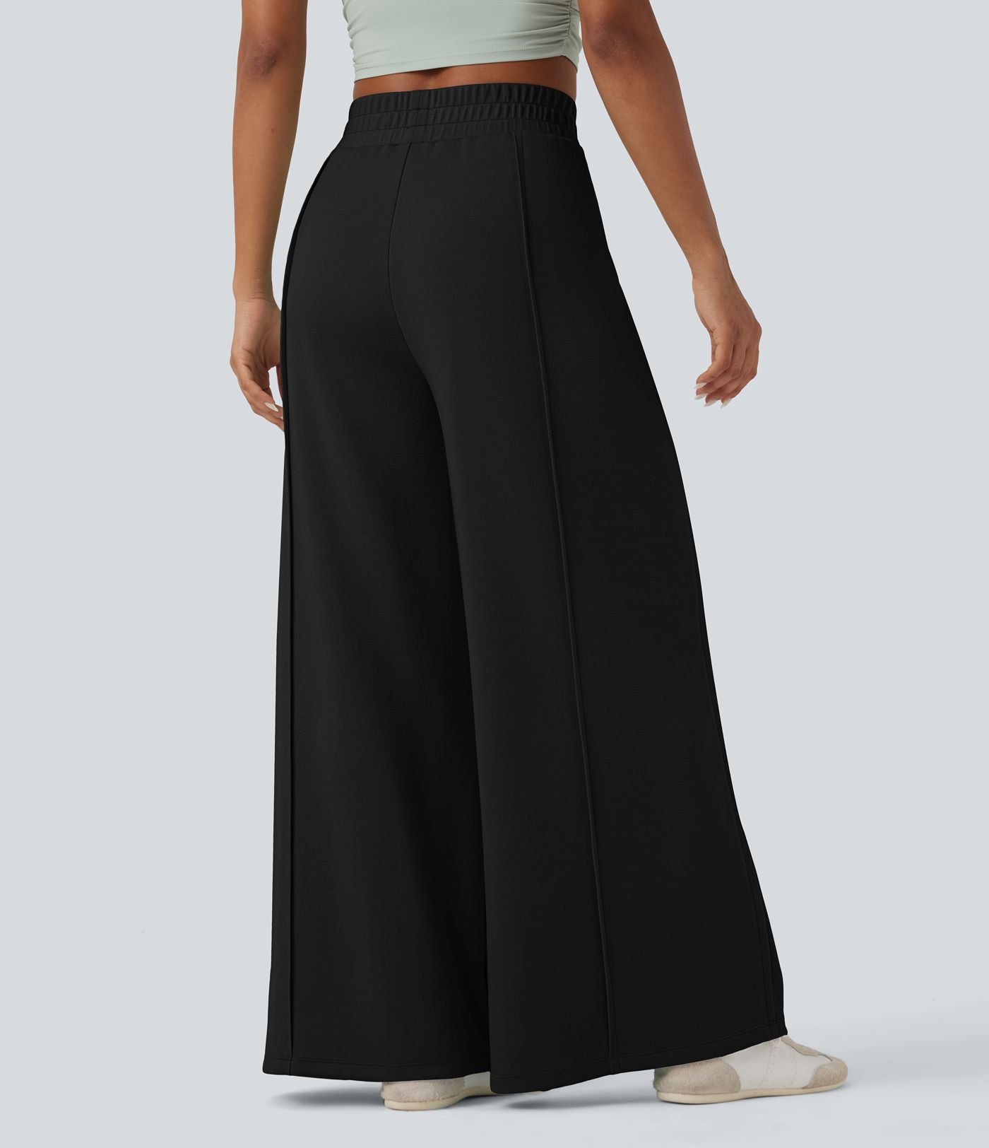High Waisted Wide Leg Micro Waffle Casual Pants with Pockets