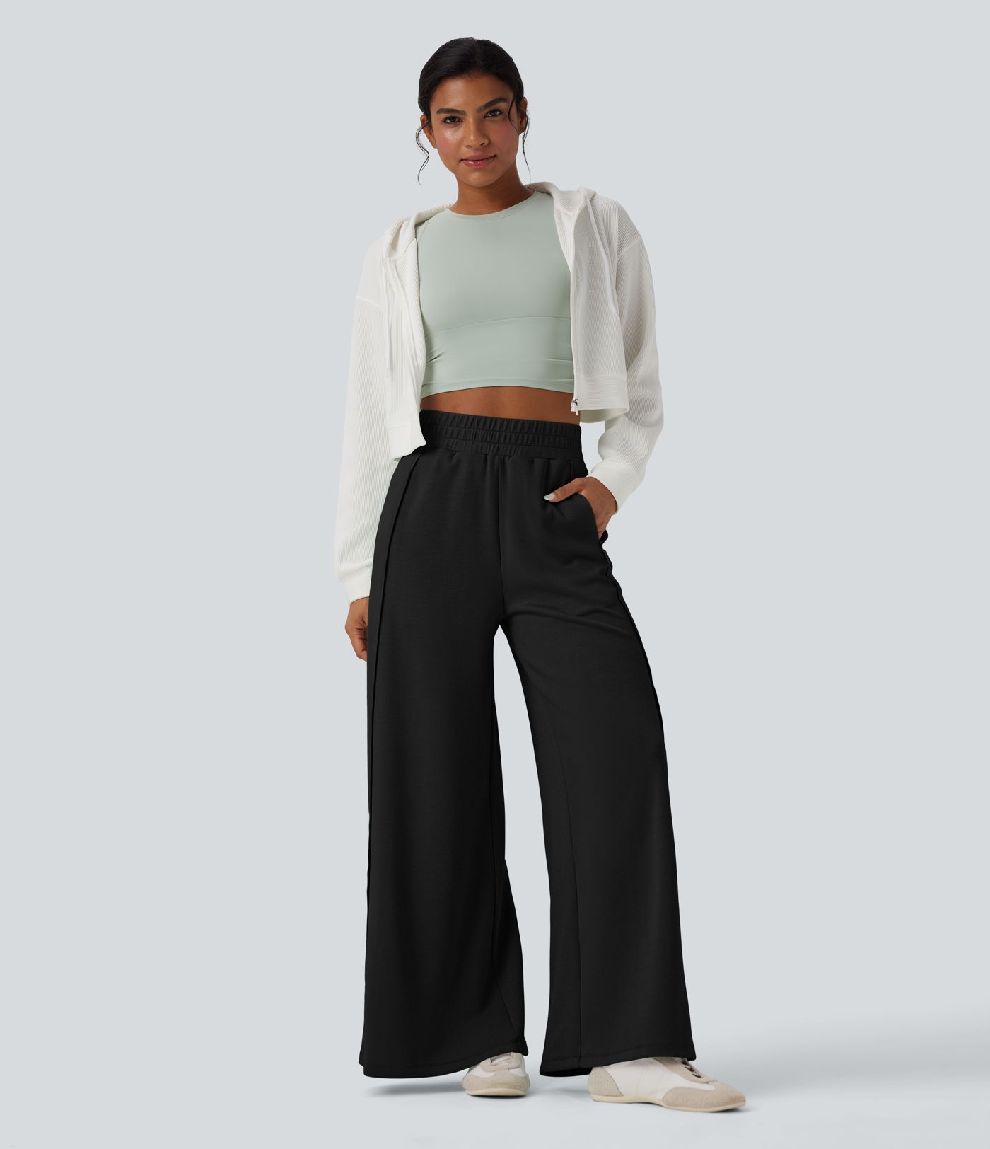 High Waisted Wide Leg Micro Waffle Casual Pants with Pockets