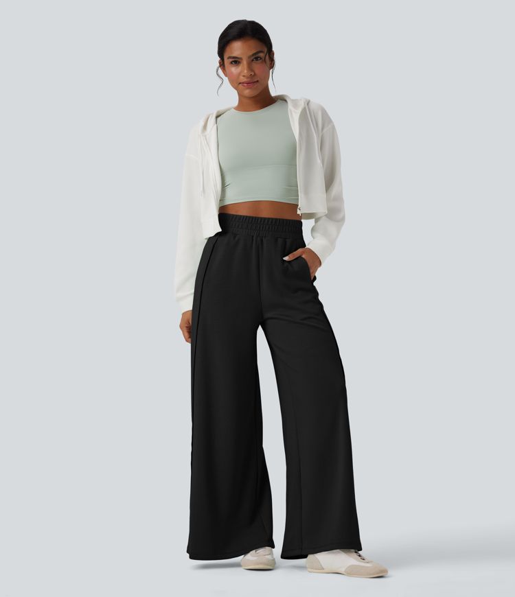 High Waisted Wide Leg Micro Waffle Casual Pants with Pockets