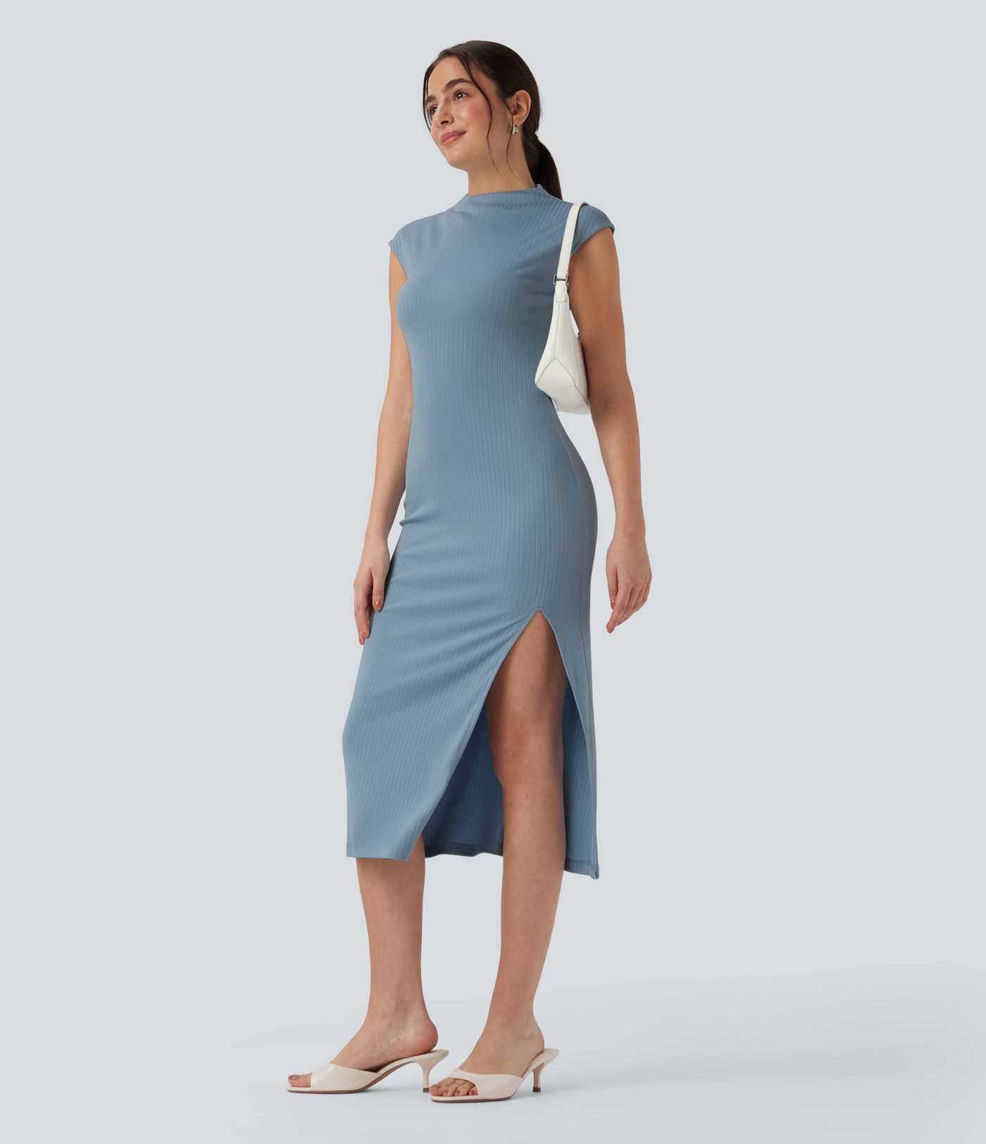 Ribbed Knit Mock Neck Cap Sleeve Bodycon Midi Casual Dress