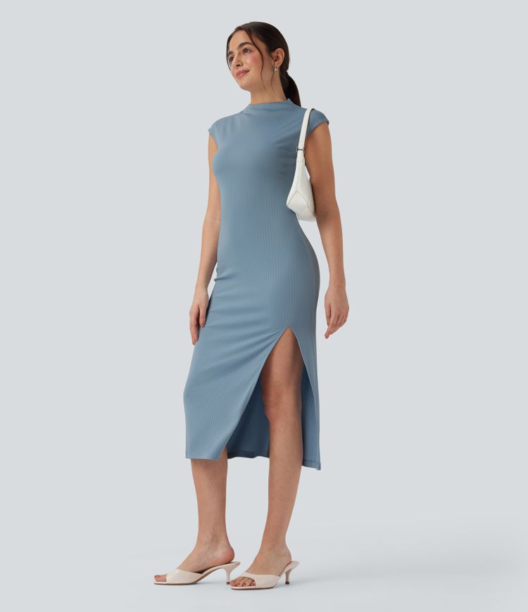 Vestido casual ajustado midi de punto acanalado con cuello alto y manga corta