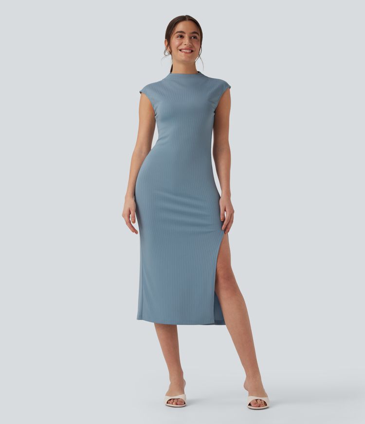 Vestido casual ajustado midi de punto acanalado con cuello alto y manga corta