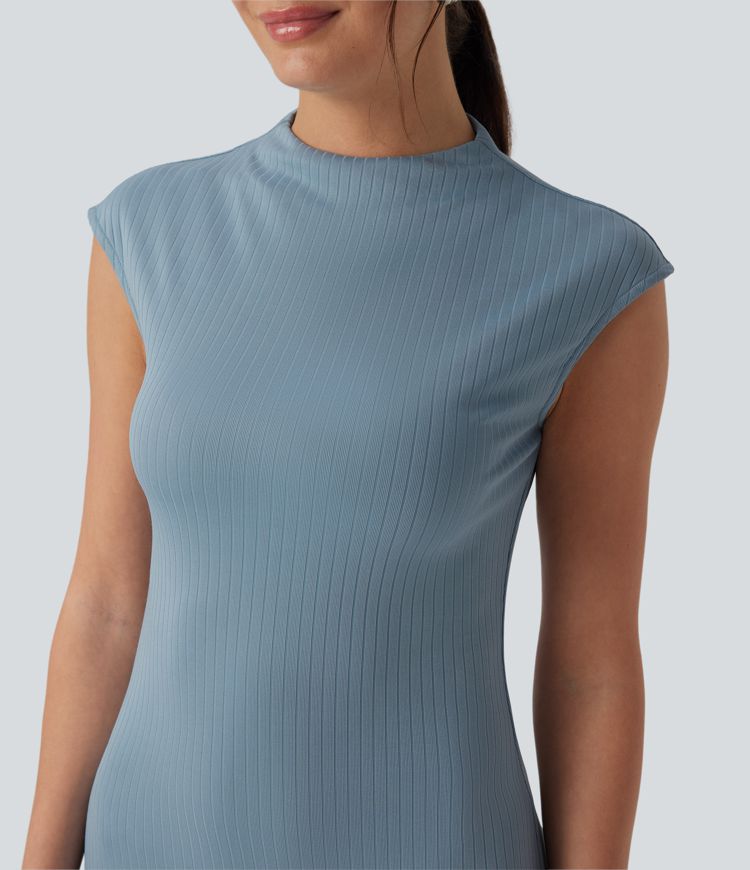 Ribbed Knit Mock Neck Cap Sleeve Bodycon Midi Casual Dress